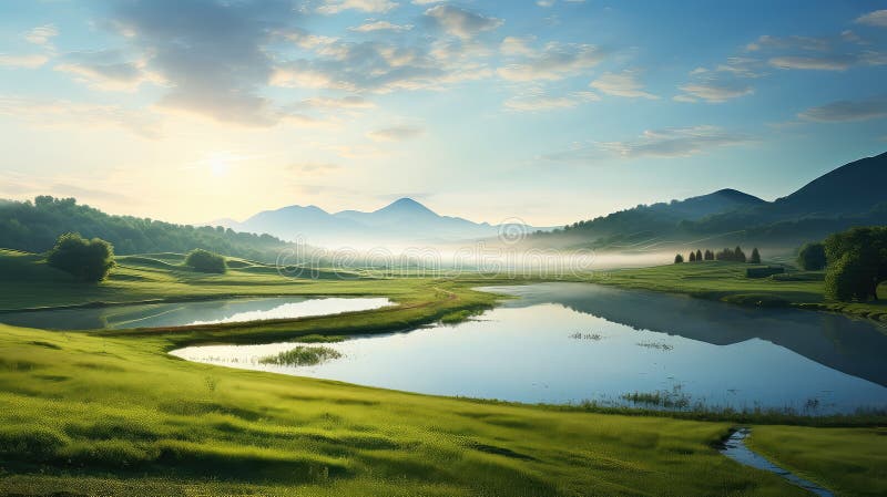 Meadow reflection dawn hill landscape stock illustration