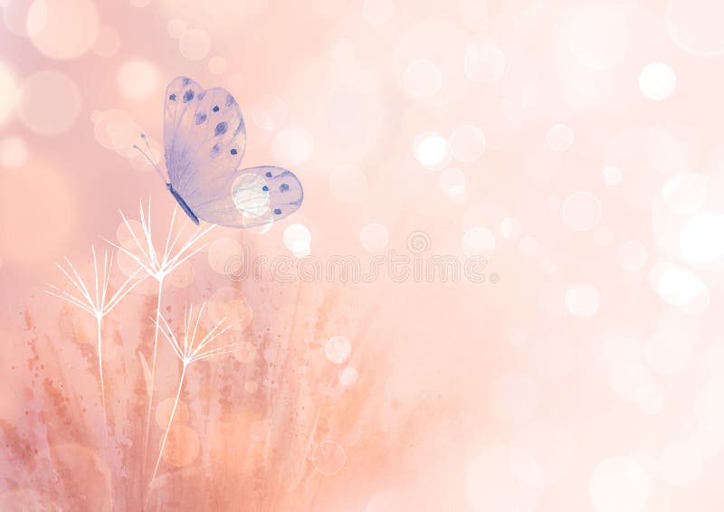 Meadow wild flowers, herbs, grasses horizontal background with colorful butterfly