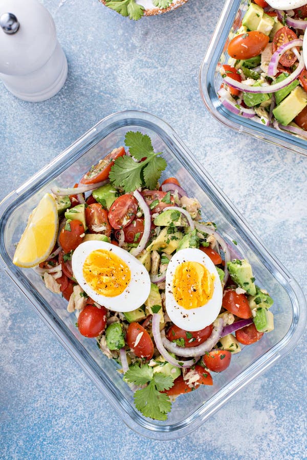 Meal Prep Containers with Avocado Tuna Salad and Boiled Egg Stock Photo