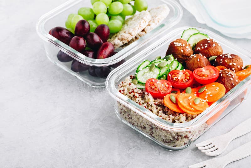 Meal Prep Lunch Box Containers with Quinoa, Meatballs Cucumbers ...