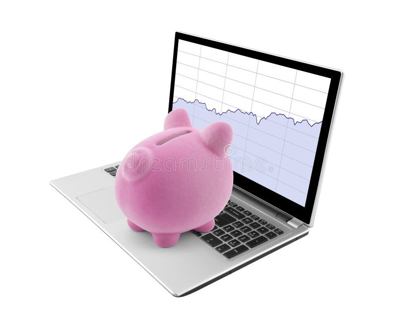 Pink piggy bank looking at modern laptop with stock charts isolated on white background with clipping path. Pink piggy bank looking at modern laptop with stock charts isolated on white background with clipping path