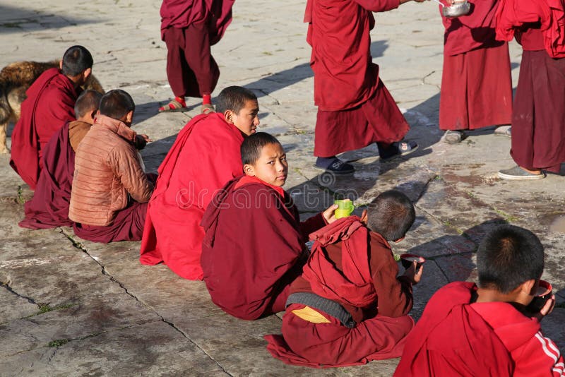 Mealtime in Buddhist Monastery, Bhutan stock image