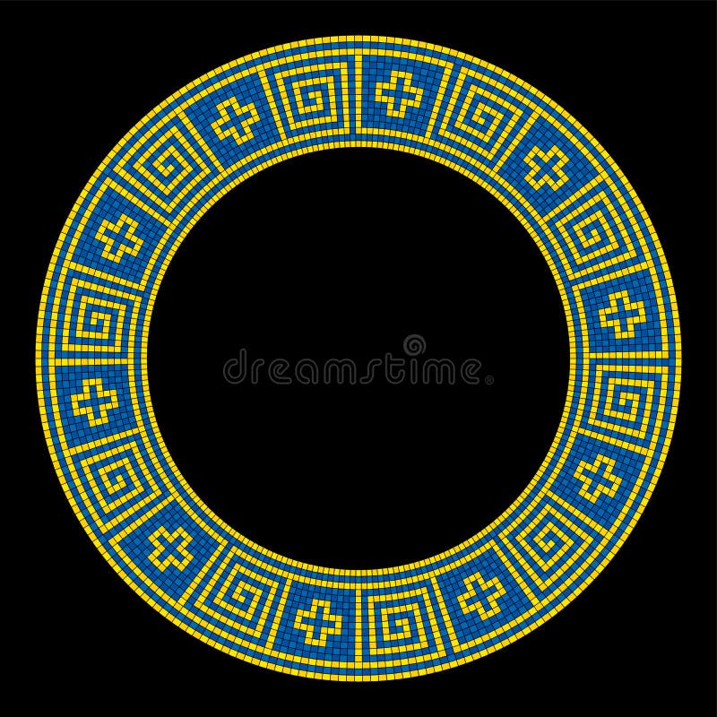 Meander mosaic pattern, circle shaped frame in yellow and blue royalty free illustration