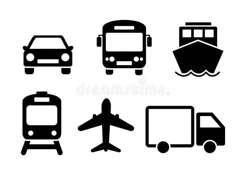 Means of transport icon set. Black solid flat travel modes web icons of car, train, ship, airplane and bus. EPS 10 vector vector illustration