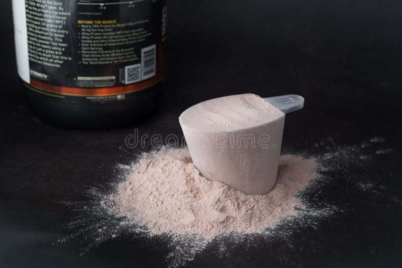 Whey Protein Powder in measuring scoop. Stock Photo