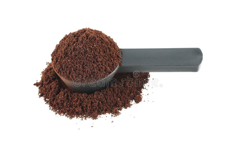 Coffee Powder on Black Plastic Spoon Isolated on White Stock Photo