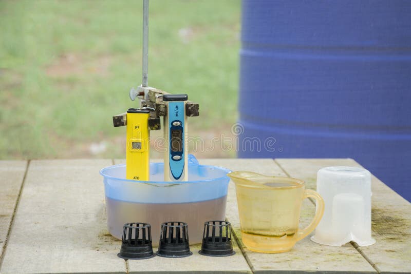 Measuring the PH of the Water in Hydroponic Farm. Electronic PH Stock