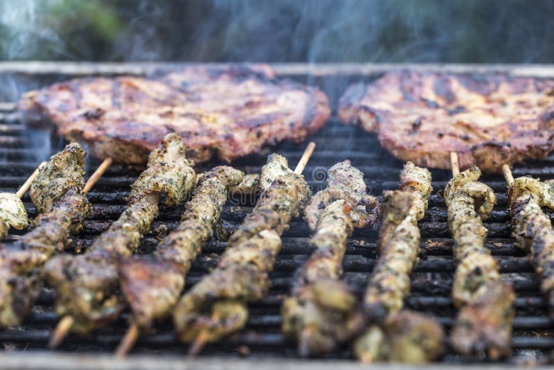Meat on a charcoal grill stock photo. Image of picnic 115757084