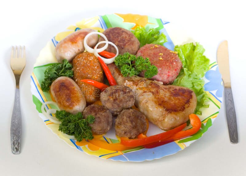 Meat cutlets and small sausages