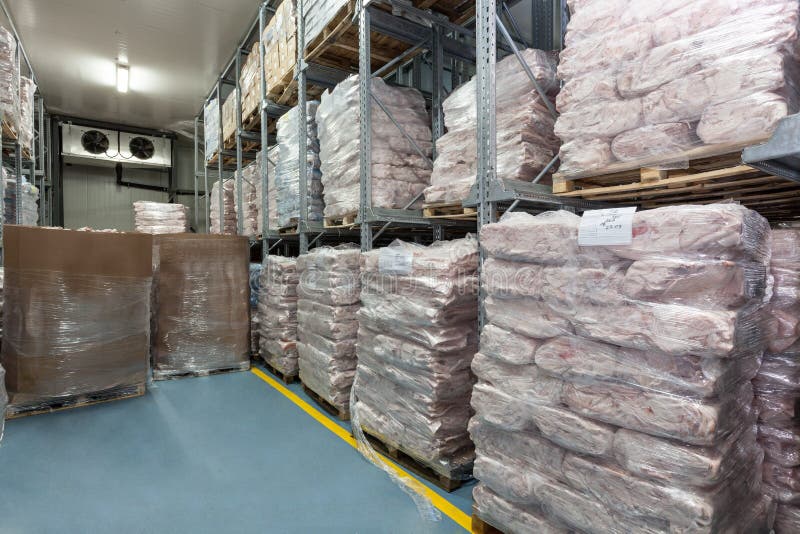 Meat depot in a coldstore. stock photo