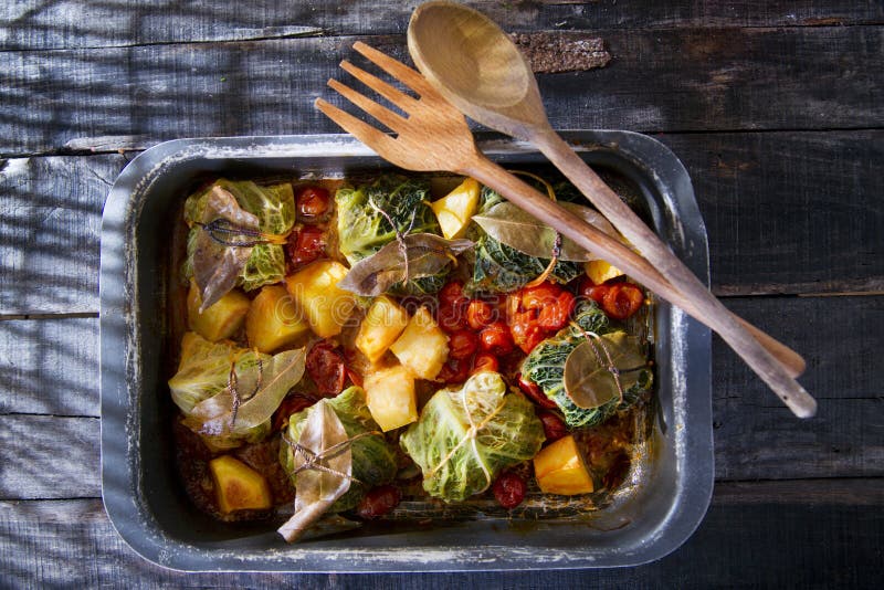 Meat Dumplings Baked in Cabbage Leaves Stock Photo Image of cutlery