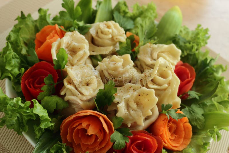 Meat Dumplings with Meat are Decorated by Vegetables Stock Image
