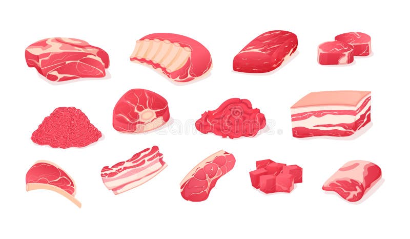 Set Fragments of Pork, Beef Meat. Assortment of Meat Slices. Stock Vector -  Illustration of dinner, animal: 182470303