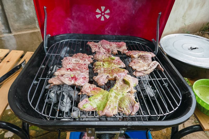 Meat on the Grill Over Hot Coals, Viewed from Above Stock Image Image