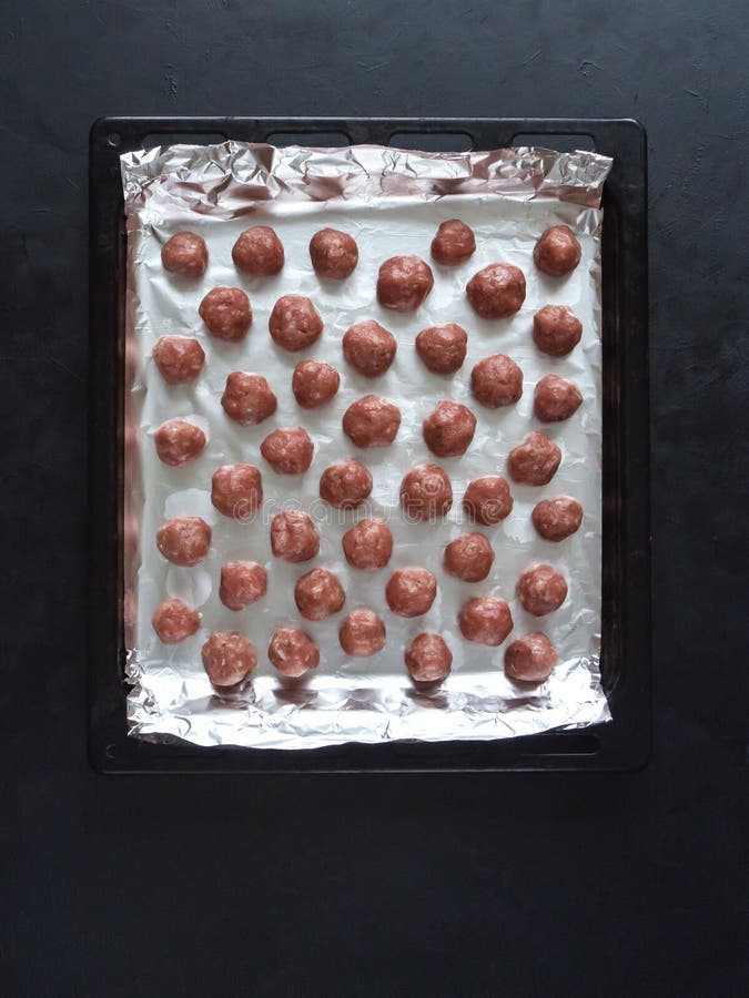 Meat Meatballs before Baking on a Baking Sheet. Stock Image Image of