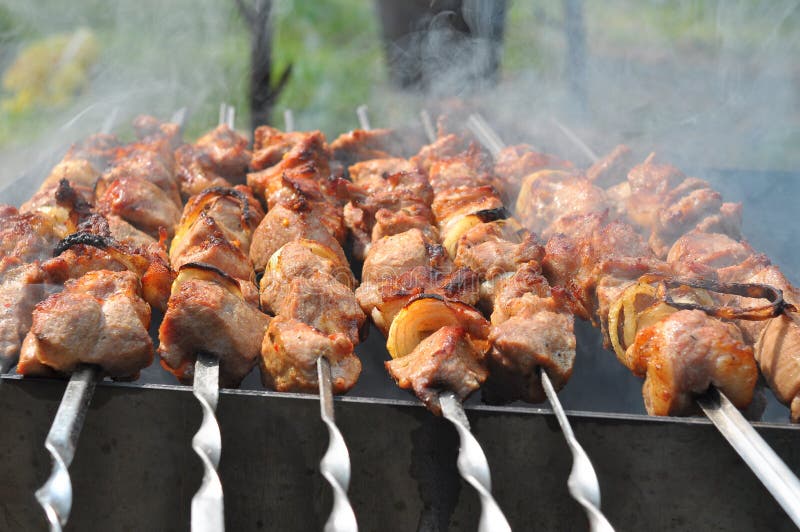 Meat with Onion Prepare on Fire with Smoke Stock Image Image of