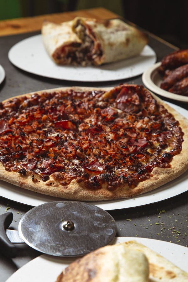 Meat Pizza with Barbecue Sauce Stock Photo Image of presentation