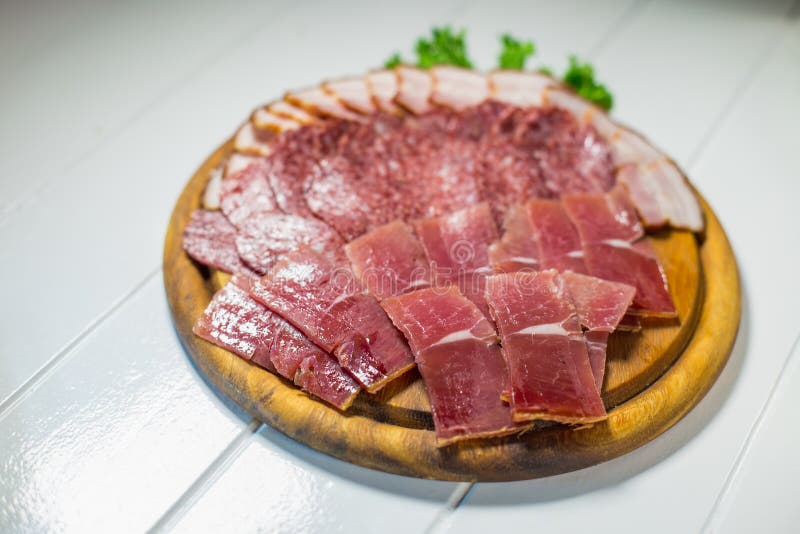 Meat Plate Set with Salami, Bacon, Hamon Stock Photo Image of copy