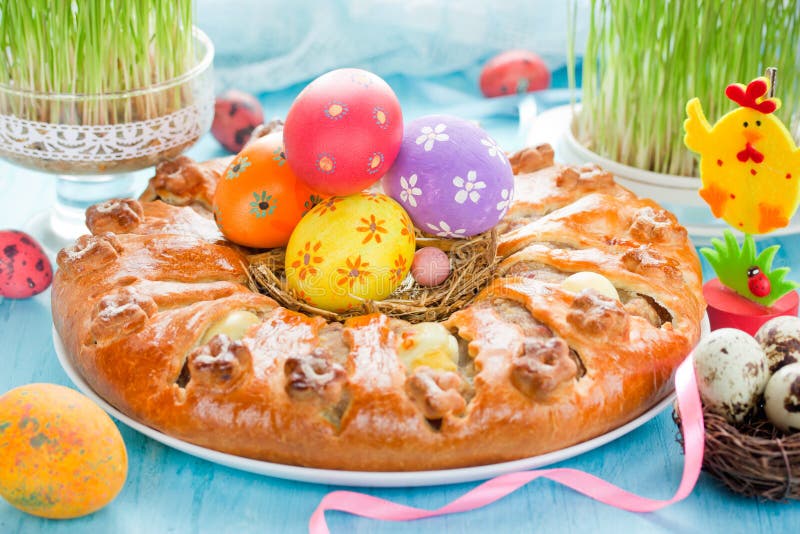 Meat quail egg ring for Easter dinner , colorful Easter composition