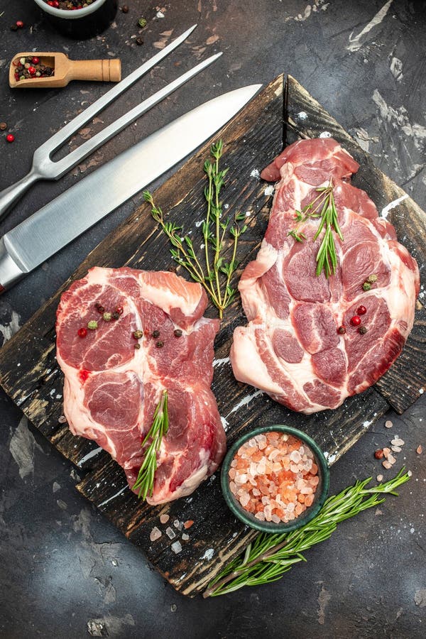 Meat, Raw Meat Pork Steaks with Seasoning. Place for Text, Top View ...