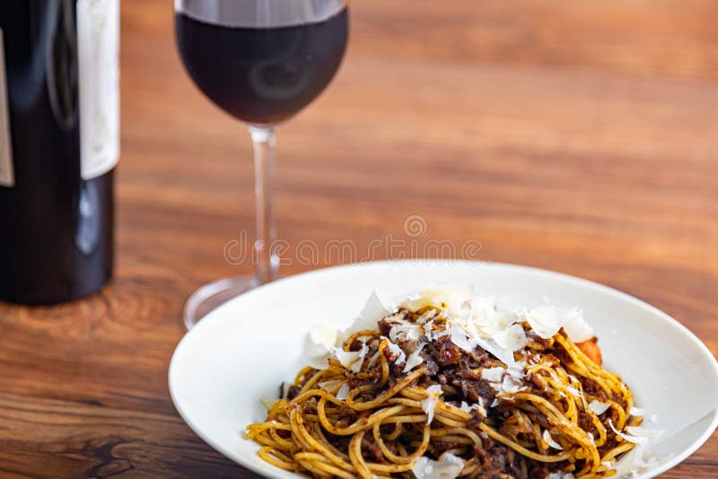 Meat Sauce Spaghetti with Red Wine Stock Photo Image of cream
