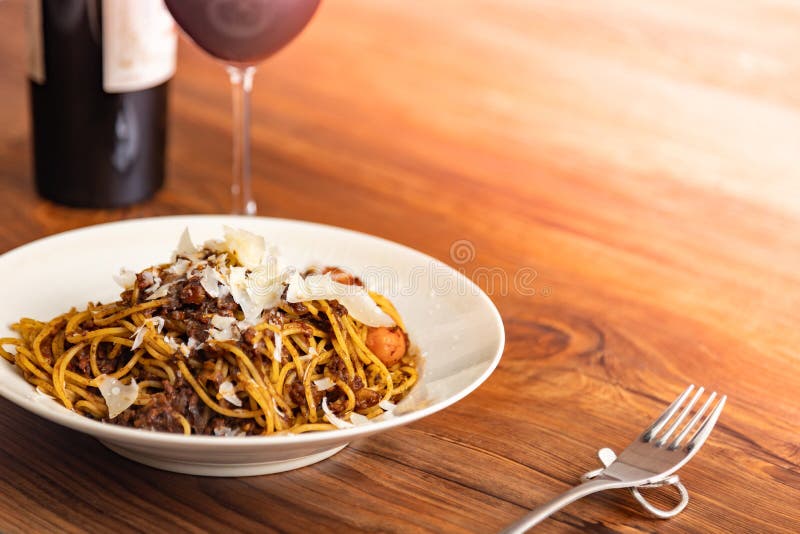Meat Sauce Spaghetti with Red Wine Stock Photo Image of food, kitchen