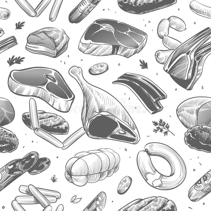 Meat Seamless Pattern. Hand Drawn Different Meat Products Stock