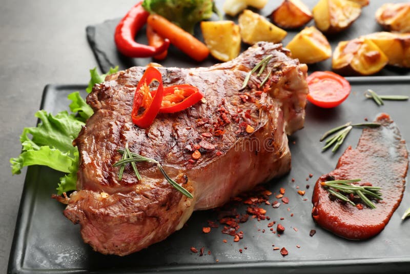 Meat Served with Vegetable Garnish on Plate Stock Photo Image of