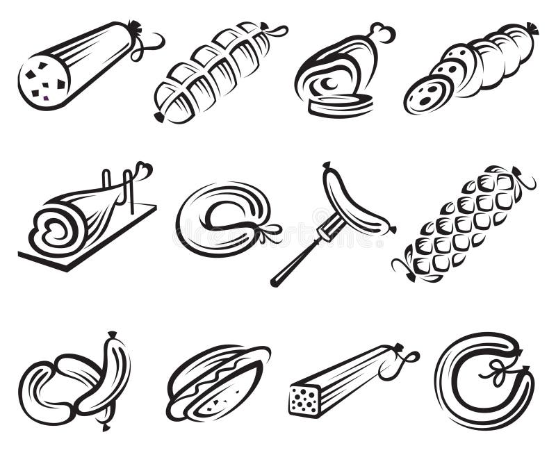 Meat and sausages icon set. Cartoon chop vectors