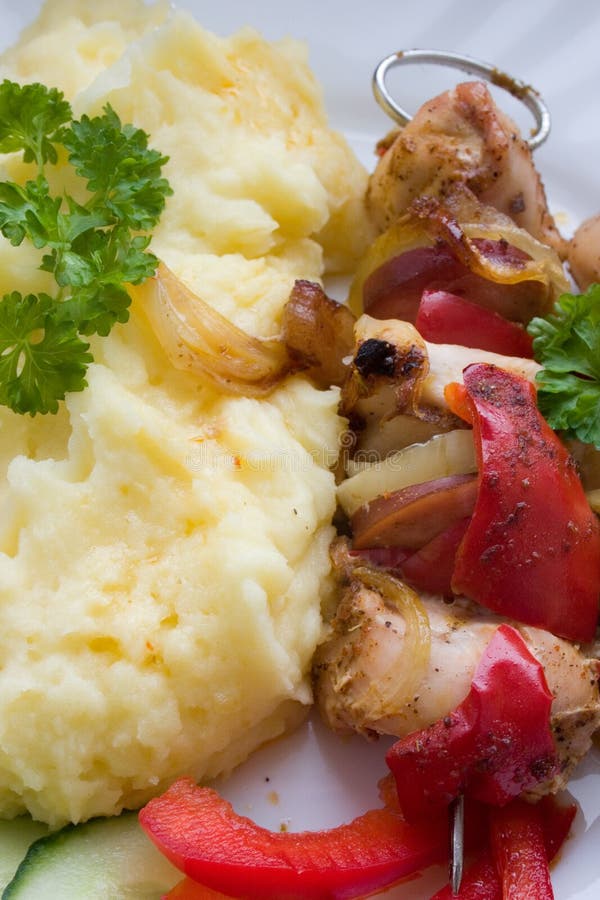 Meat skewer with mashed potatoes. Roasted skewer grill stock images, royalty-free photos and pictures