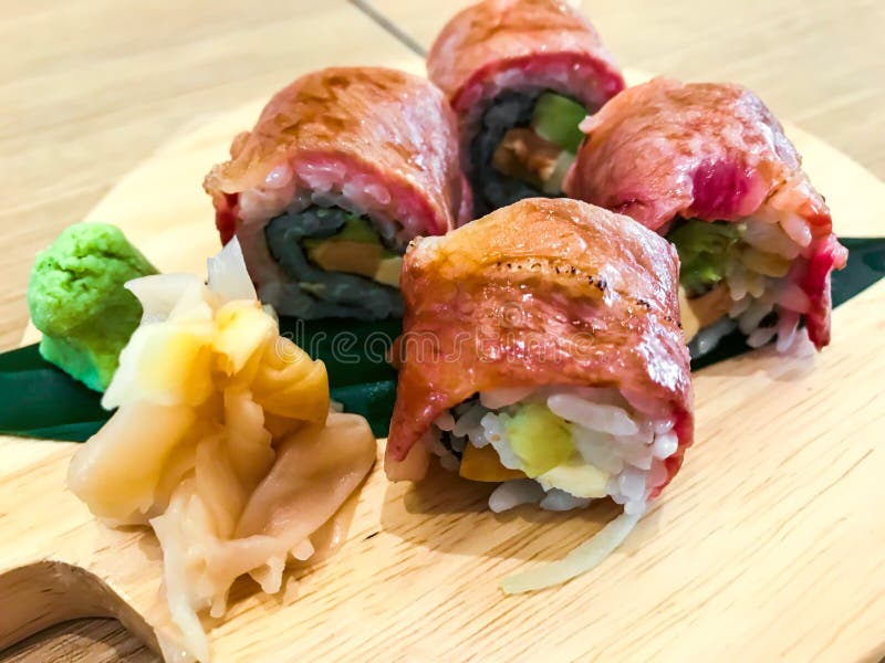 Meat sushi rolls with beef stock image. Image of cooking 106542499