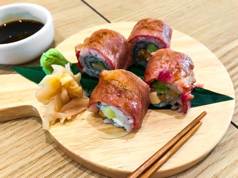 Meat sushi rolls with beef stock photo. Image of nigri 106542544