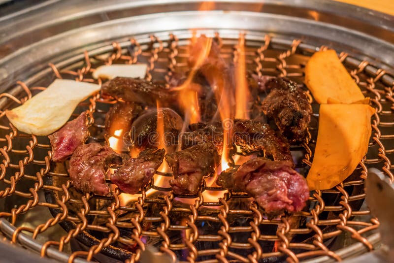Meat and Vegetables on the Korean Barbecue Stock Image Image of asian