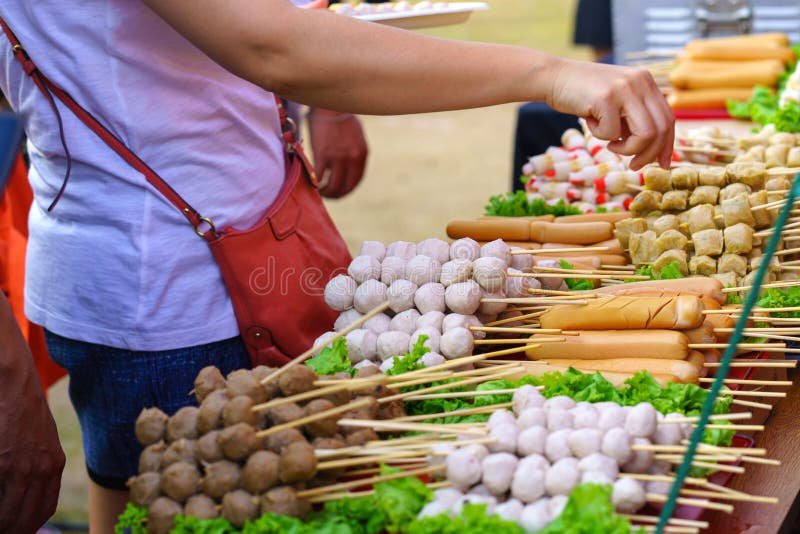 Meatball and Fish Ball Fast Food in Street Food Market Thailand Stock