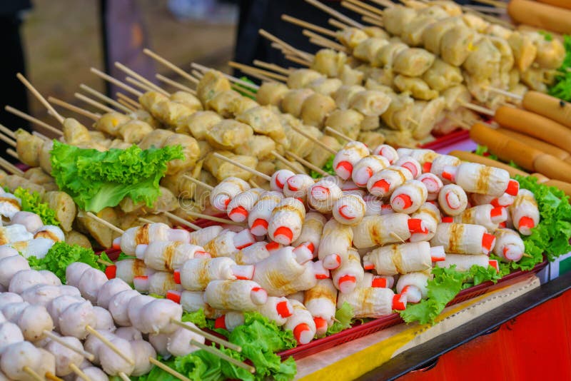Meatball and Fish Ball Fast Food in Street Food Market Thailand Stock