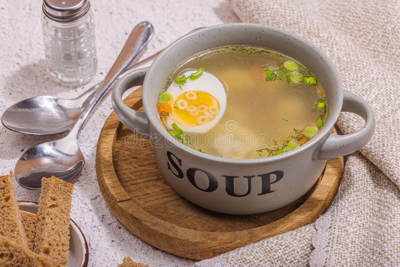 Meatball Soup with Boiled Egg, Ditalini Pasta, Vegetables and Fresh