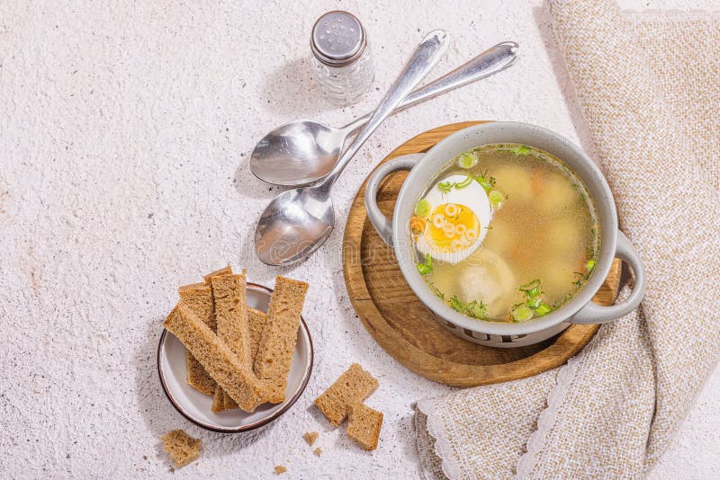 Meatball Soup with Boiled Egg, Ditalini Pasta, Vegetables and Fresh