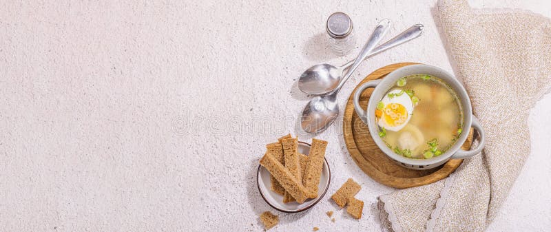Meatball Soup with Boiled Egg, Ditalini Pasta, Vegetables and Fresh