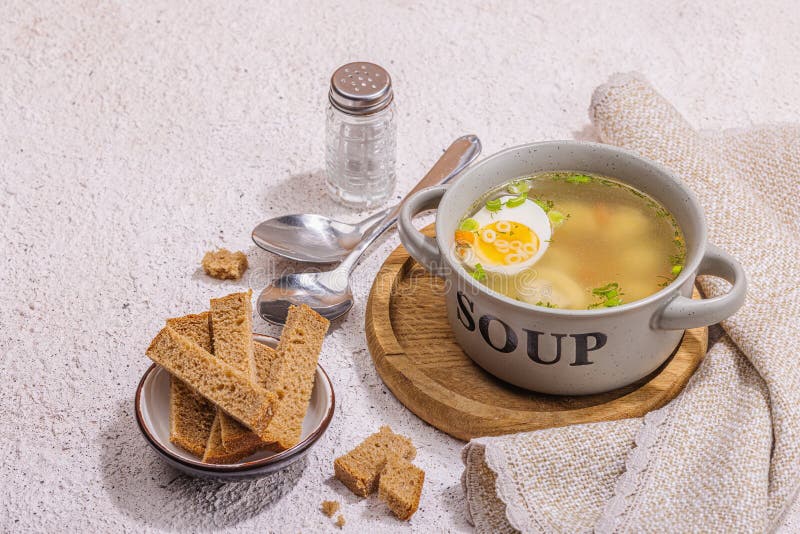 Meatball Soup with Boiled Egg, Ditalini Pasta, Vegetables and Fresh