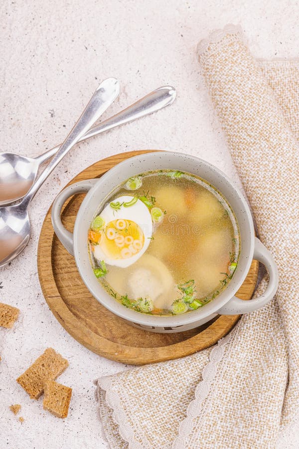 Meatball Soup with Boiled Egg, Ditalini Pasta, Vegetables and Fresh