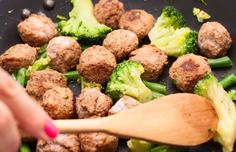 Meatballs, Broccoli and Spinach Stirfried Stock Image Image of stir