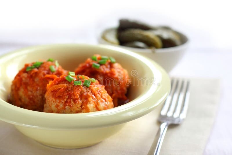 Meatballs with Rice and Tomato Sauce Stock Photo Image of minced