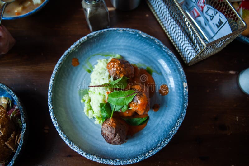 Meatballs with Sauce and Mashed Potatoes, Rustic Style Stock Image Image of meal, green 152699835