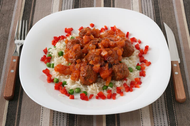 Meatballs with Sauce and Rice Stock Photo Image of dinner, onion