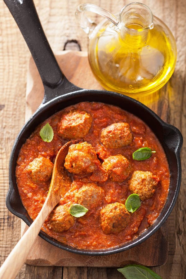 Meatballs with Tomato Sauce in Black Pan Stock Image Image of basil