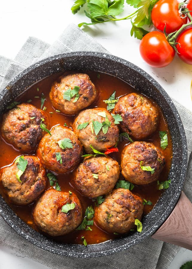 Meatballs in Tomato Sauce in a Frying Pan. Stock Image Image of