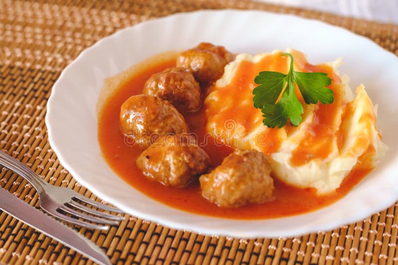 Meatballs in Tomato Sauce with Mashed Potato Stock Image Image of