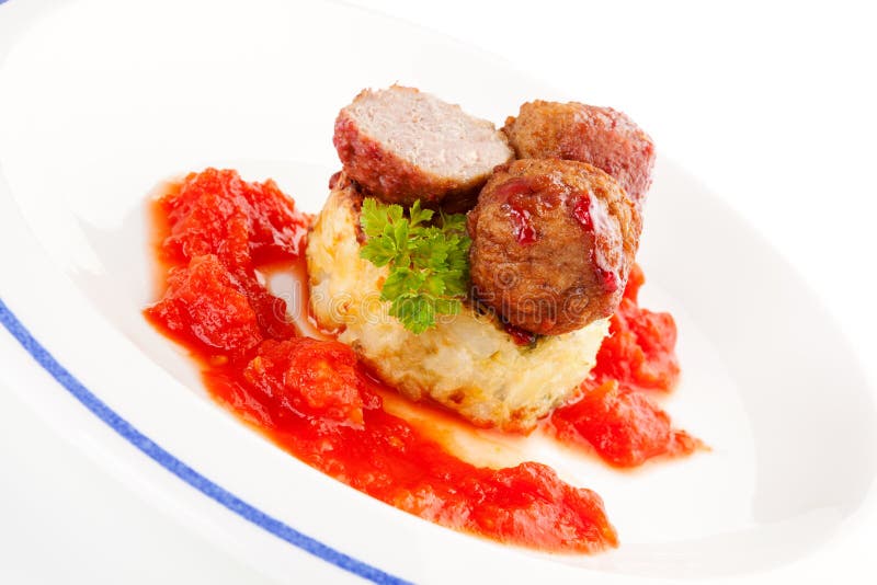 Meatballs, Tomato Sauce and Mashed Potatoes. Stock Photo Image of