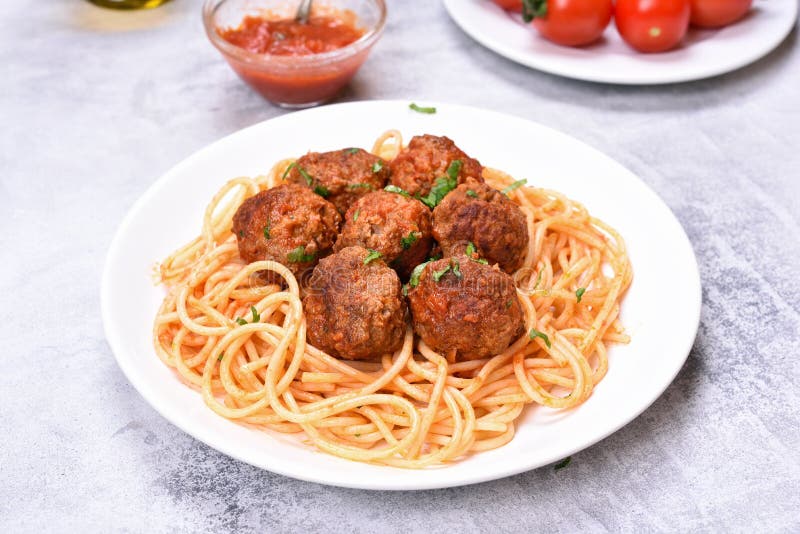 Meatballs in Tomato Sauce and Spaghetti Stock Photo Image of cooked