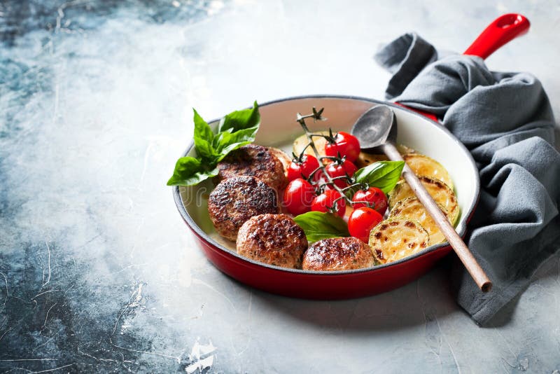 Meatballs with Vegetables in a Cast Iron Skillet Stock Photo Image of